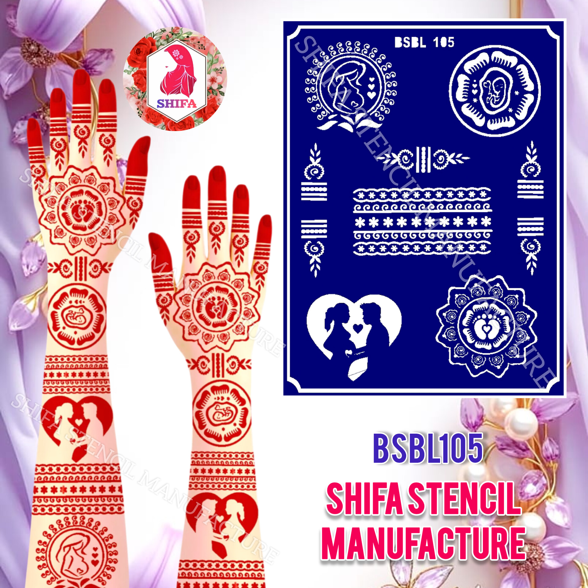 BSBL 105 Mom & Dad Caressing the Baby Themed Sticker Overview  Henna Stencil - Shifa Stencil